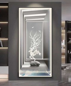 Black Frame Ghazzele Grey And White Crystall Painting With Led Light 